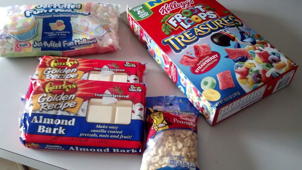 Get supplies, peanuts, vanilla almond bark, fruit loops, marshmallows, peanut butter captain crunch, measuring cup, spoon, large bowl.