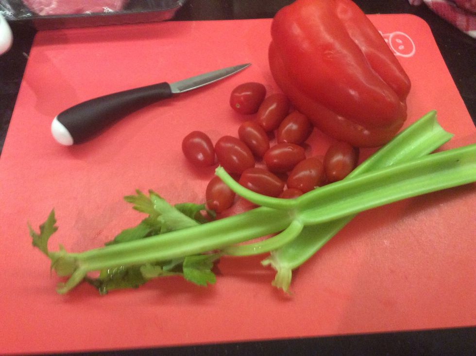 Get the cherry tomatoes fennel capsicum and celery ready to cut with the apple cider vinegar ready to dress it