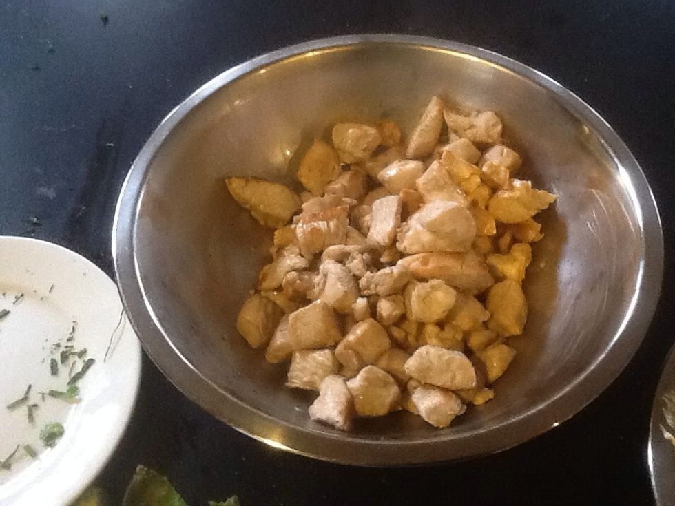 Get the chicken out of the pan and put in a bowl.