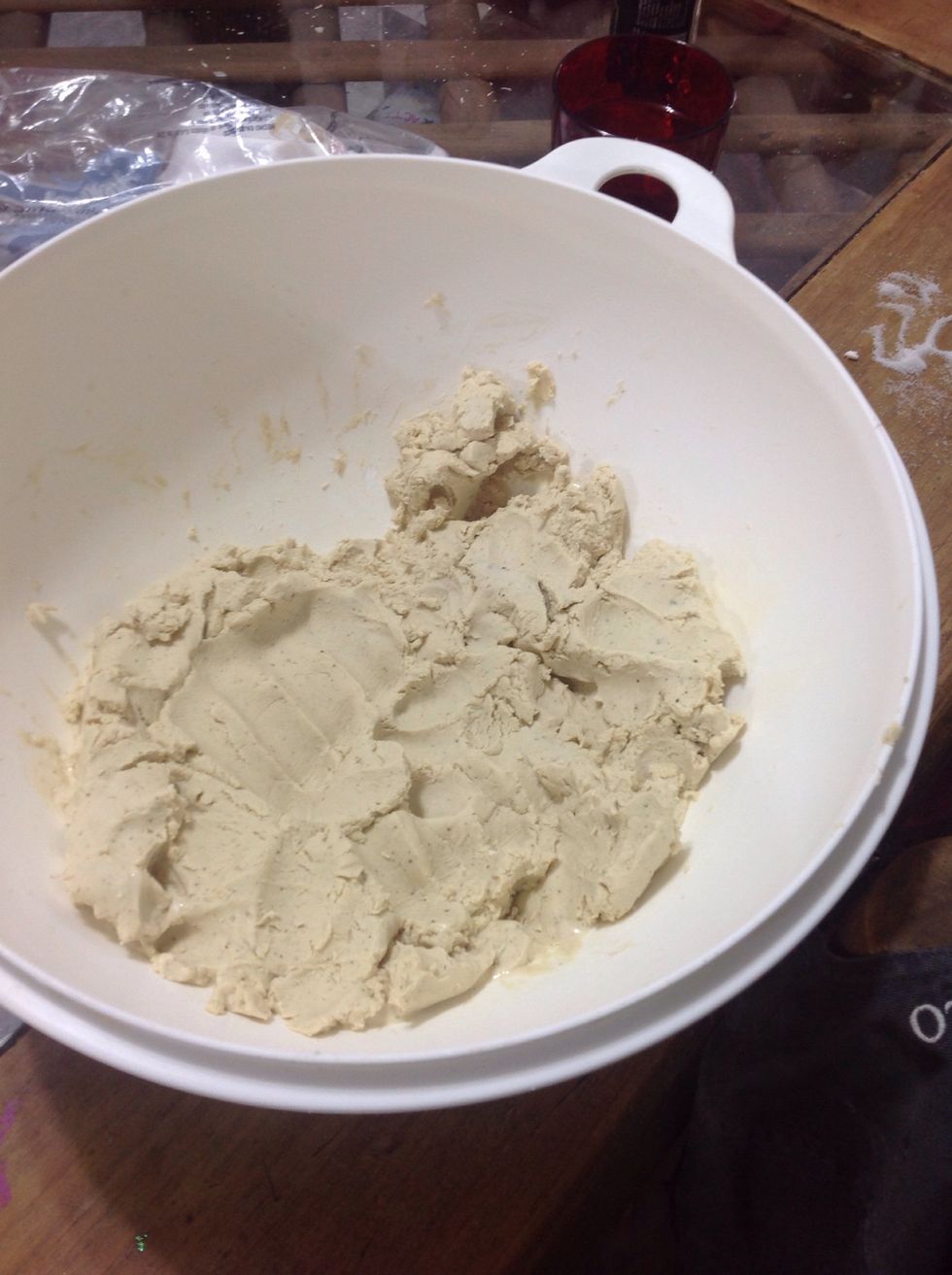 Get the corn dough, in a bowl, add some salt, water, and lard, mix it, until you get a soft-sticky texture