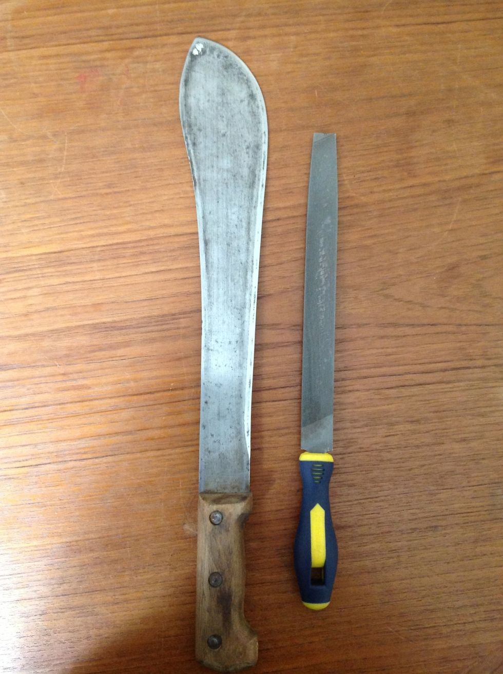 Get the file and the cutlass, and begin sharpening the cutting edge. Be careful and make sure you know what you're doing.