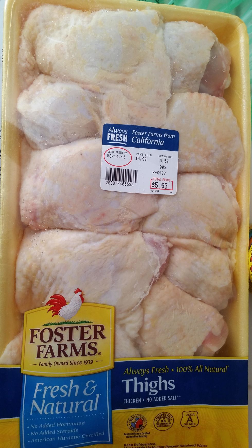 Get the package of chicken thighs.