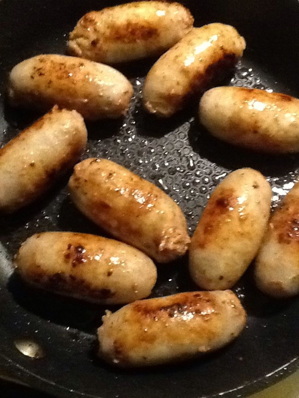 Get the sausages nice and brown on the outside. It doesn't matter whether they are cooked inside as there is plenty of time for this later