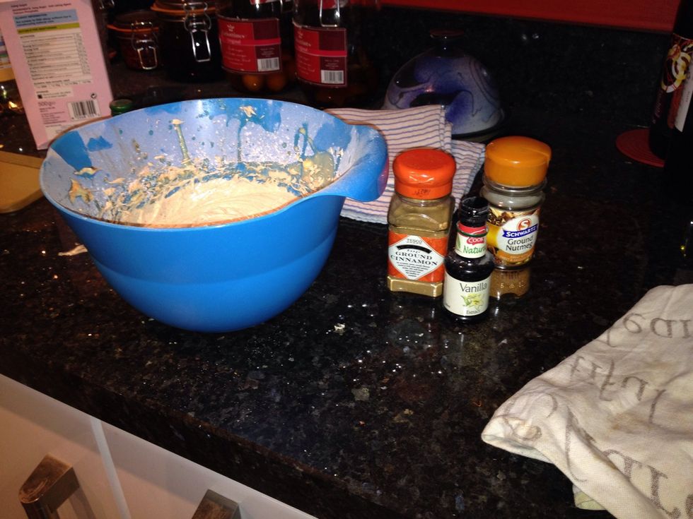 Get the spices and vanilla extract all in one place. Measure out as stated in the stuff needed bit and whack it into the mix.