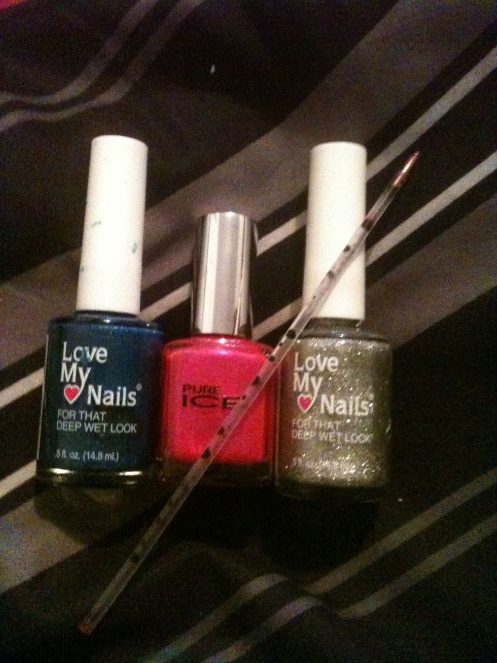 Get three or four colors depending on the width of your nail, you will need a dotting tool. I use a dried ink pen.