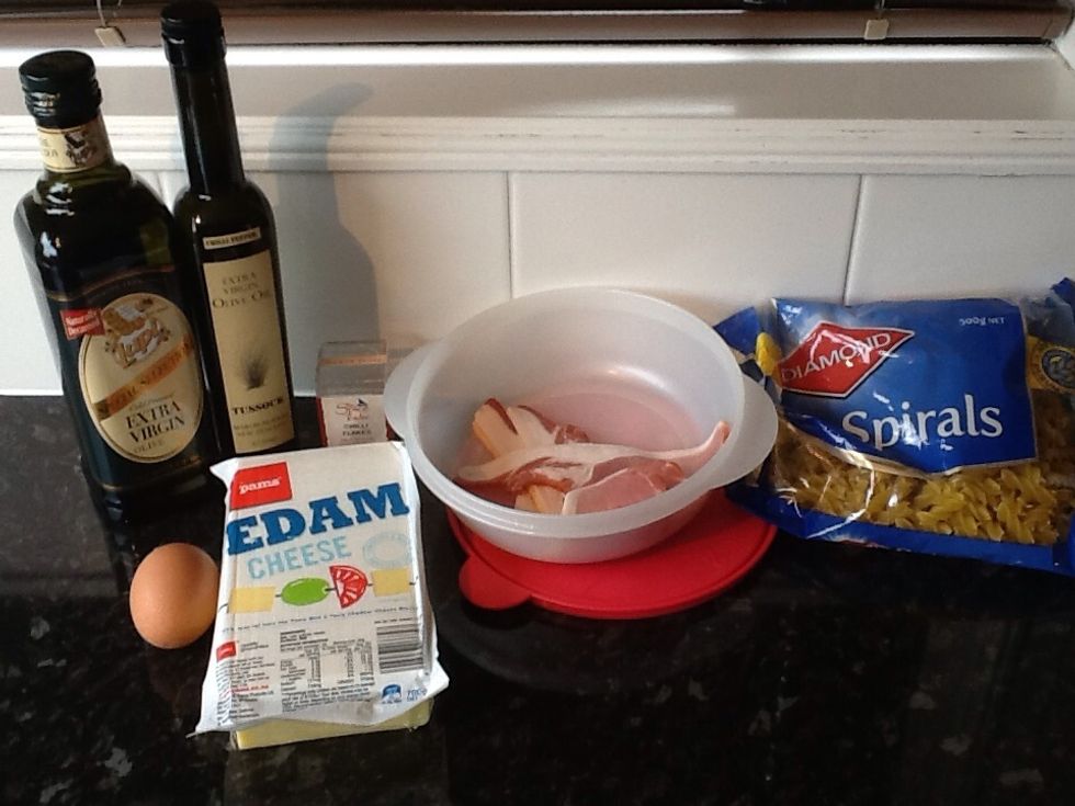 Get together all the ingredients. I like to add chilli flakes and chilli pepper olive oil for extra taste, but the meal still tastes fine with out it.