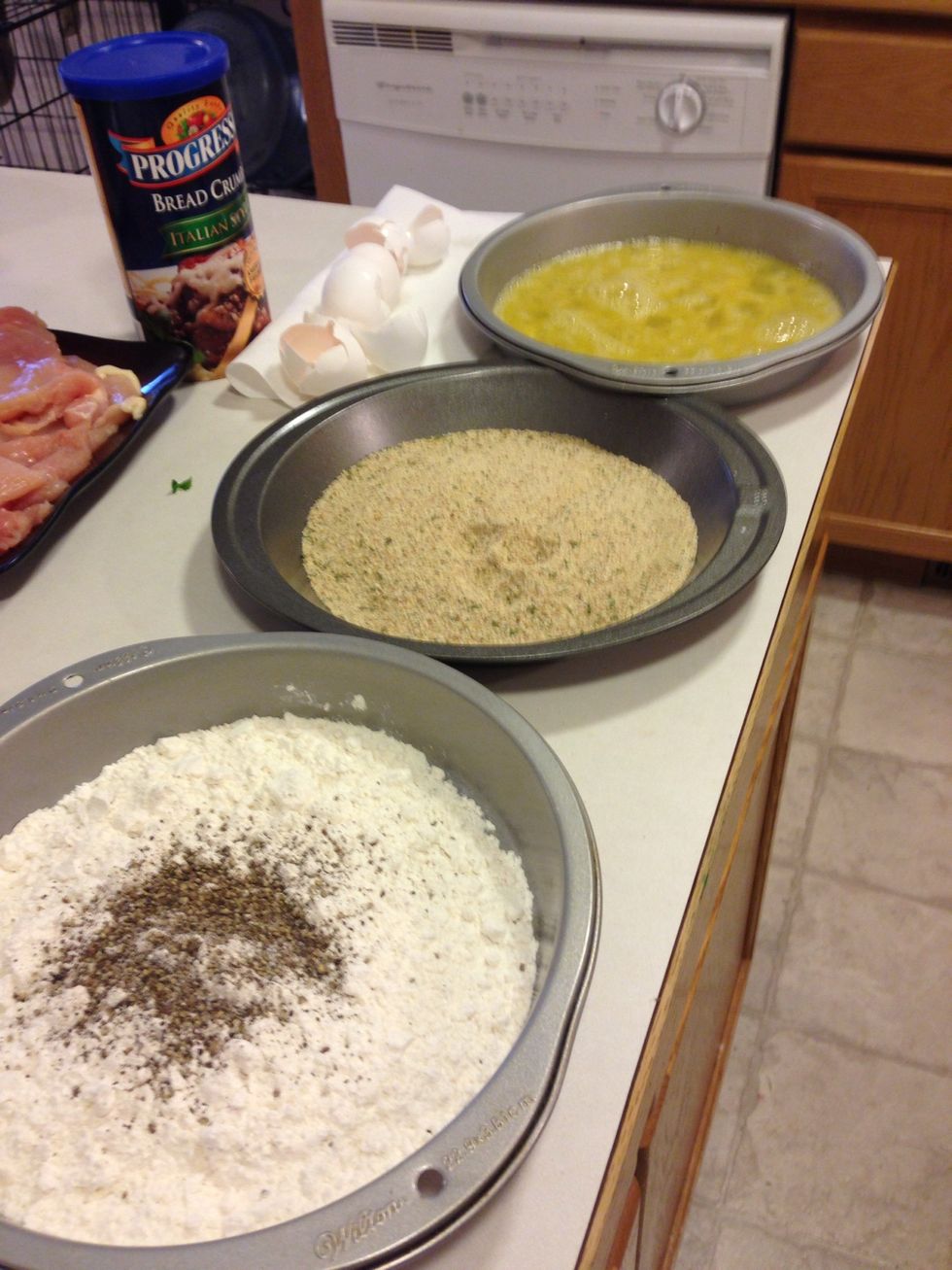 Get you dredging station ready!!!! Salt and pepper your flour and you egg wash