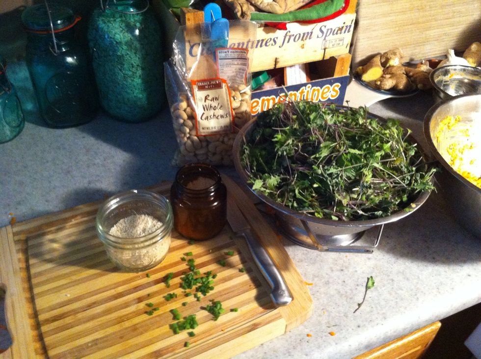 Get your chives chopped, greens if you like, coconut and cashews ready.... Once pasta is cool serve it up....