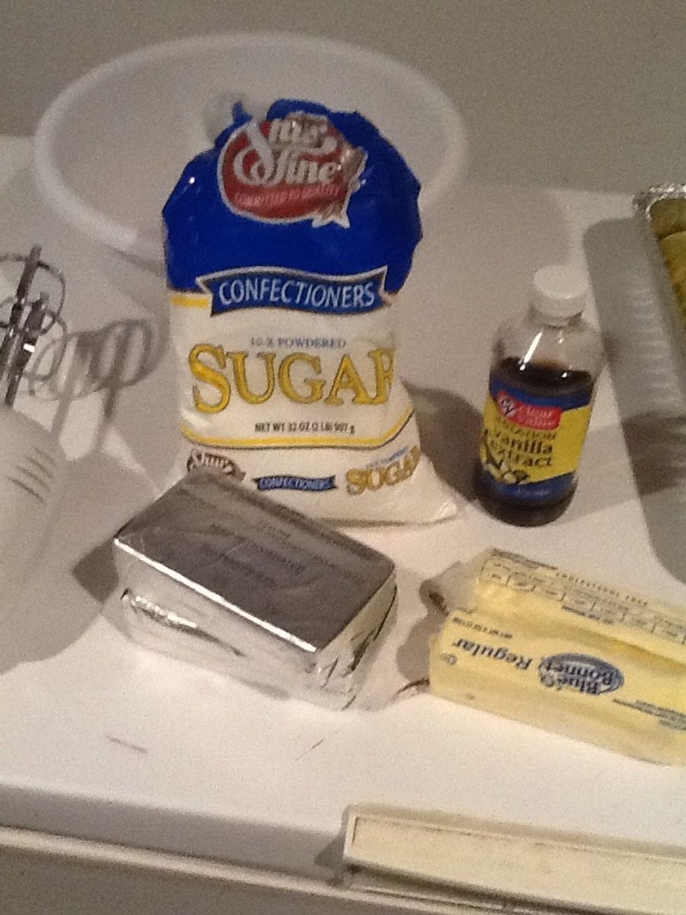 Get your cream cheese, butter, powdered sugar, and vanilla extract. (I only used 1 8oz cream cheese and 1 stick of butter.) make sure your cream cheese and butter are at room temp.
