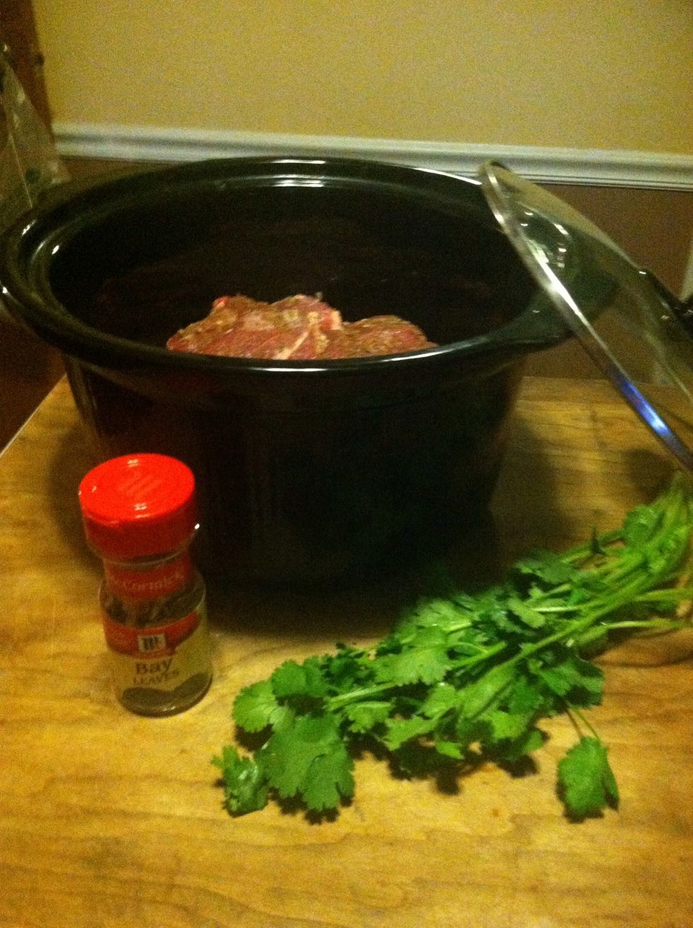 Get your crock ready, take the cilantro and bay leaves and lay them at the bottom.