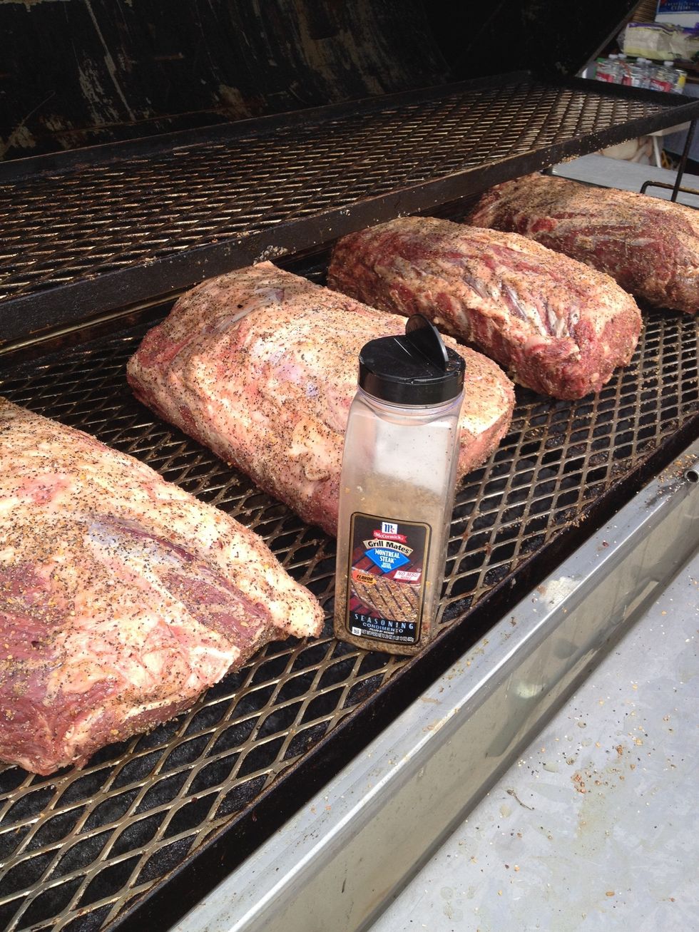 Get your favorite rub and rub all over the prime rib. I like Montreal steak seasoning has a real bold taste good for prime rib! Place on grill bone side Down! Oh yea put meat in @ room temp. ?'s cmmt.