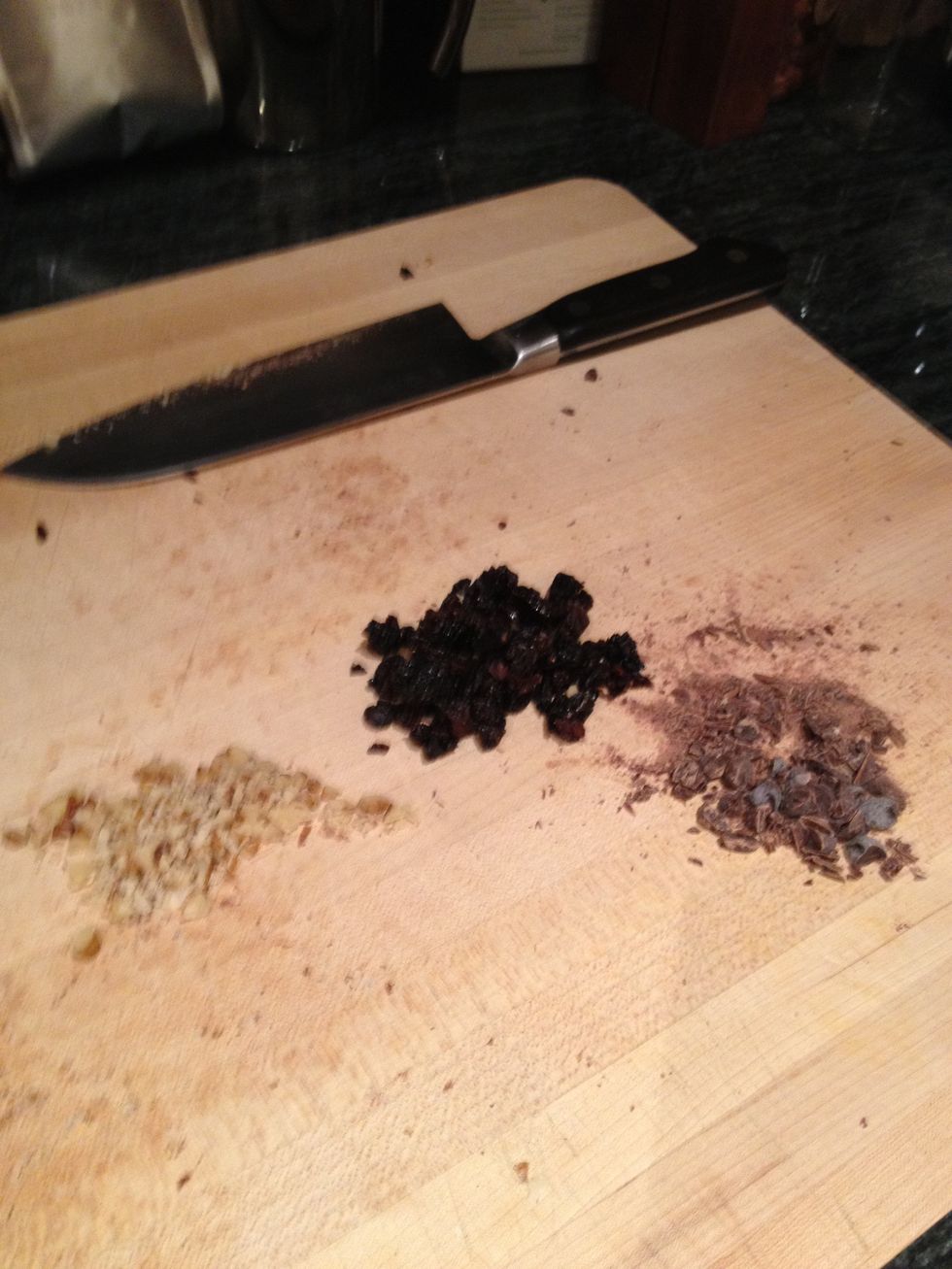 Get your fillings ready to go. For this batch I am using dried tart cherries, chopped semisweet chocolate and finely chopped walnuts.