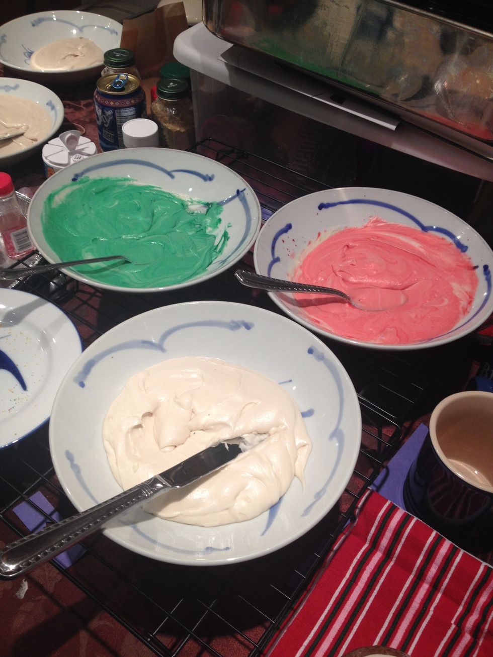 Get your frosting separated out into separate bowls for colors.