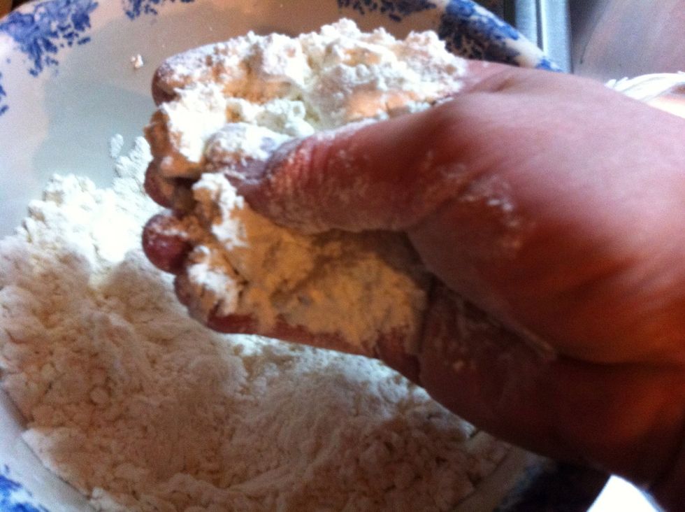 Get your hands in it. See the butter cube? Get between fingers and mix with flour.