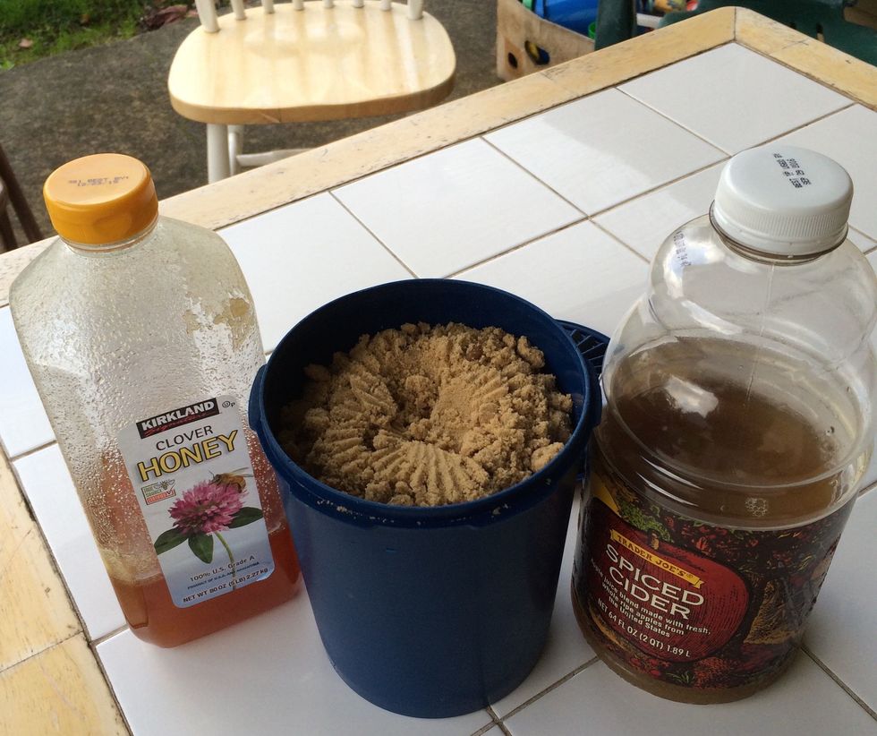 Get your next ingredients ready. Honey, Brown Sugar and Apple cider/juice. Note: I have used other liquids instead of apple cider, like root beer. Whatever you use, you need 1/4 cup per rack.