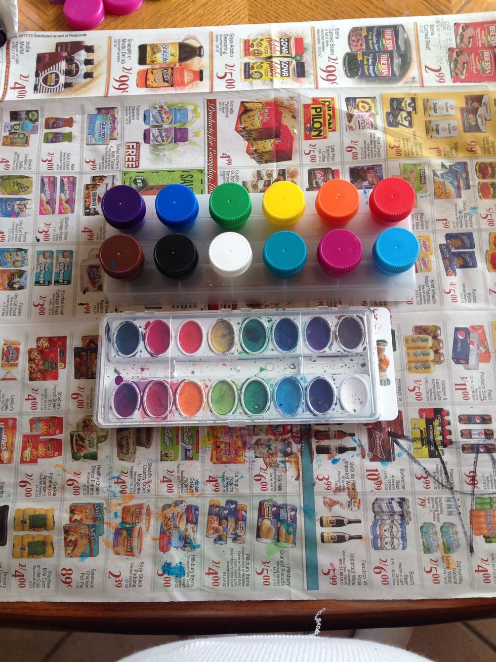 Get your paint out. I think one is called poster paint and the other is just water color paint. Both seem to work well for me.