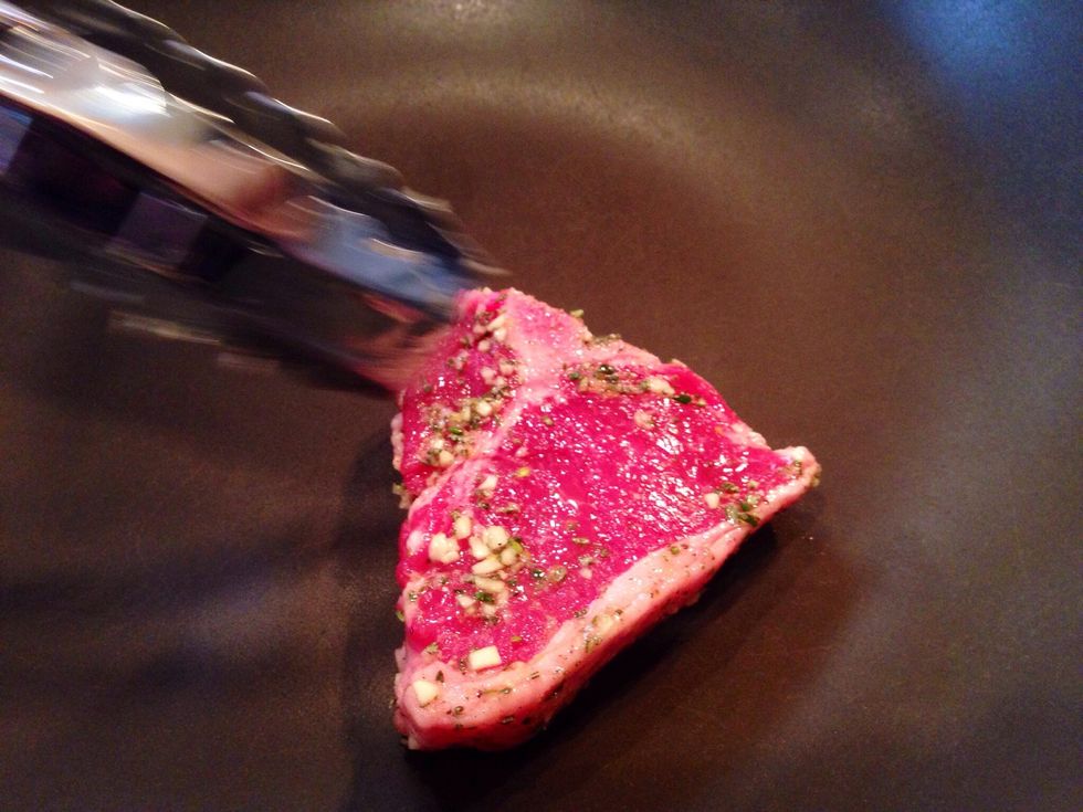 Get your pan screaming hot. And sear lamb chops in a little bit of oil.