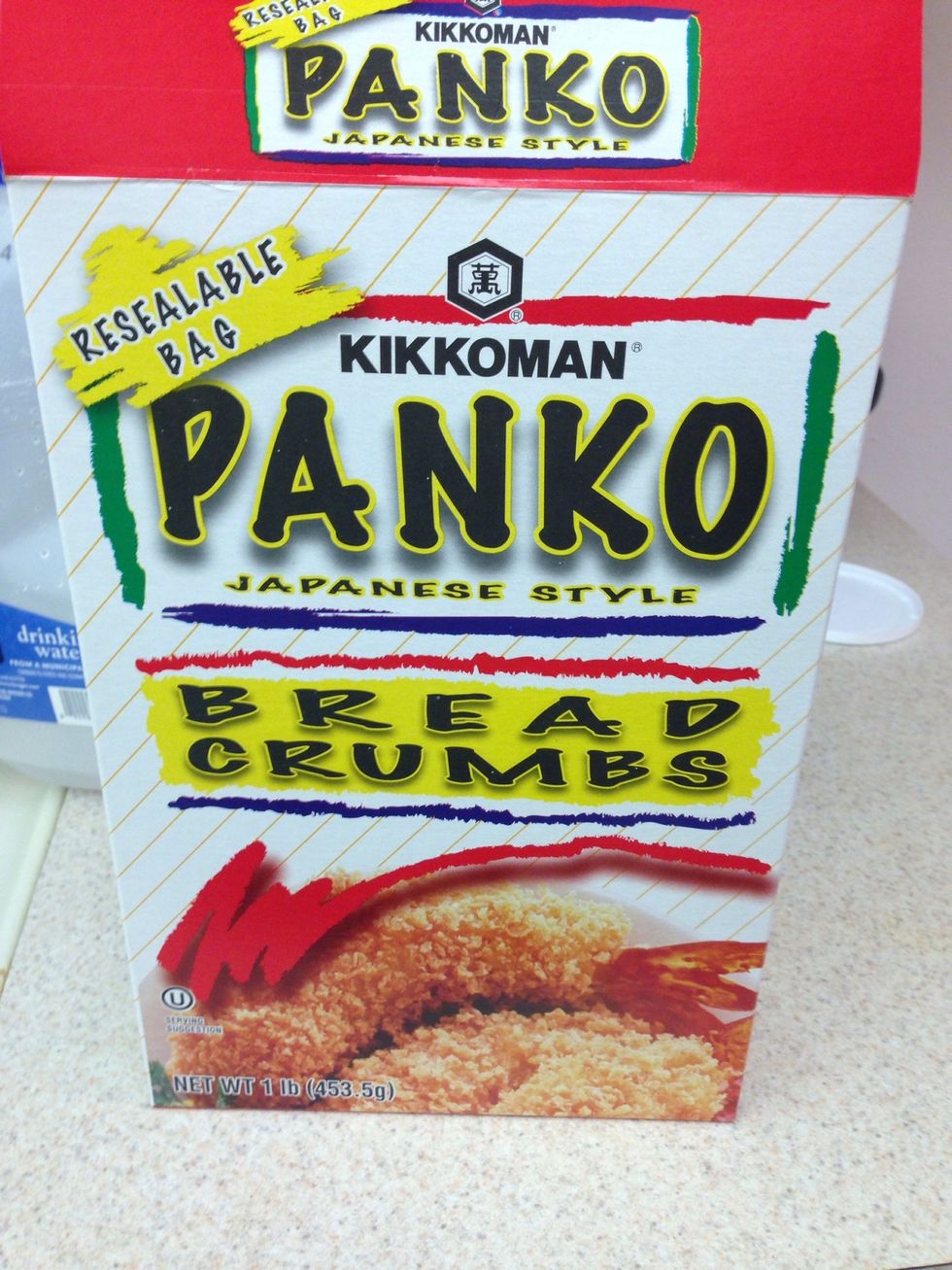 Get your Panko and eggs. Whip the eggs up, and pour into a large storage bag. Put about 2 cups of your breadcrumbs in another.