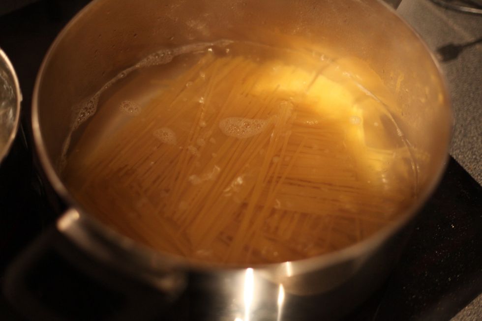 Get your pasta ready. Carbonara is best served with fettucine. We like spaghetti. It's your choice. Any long thick pasta will do.