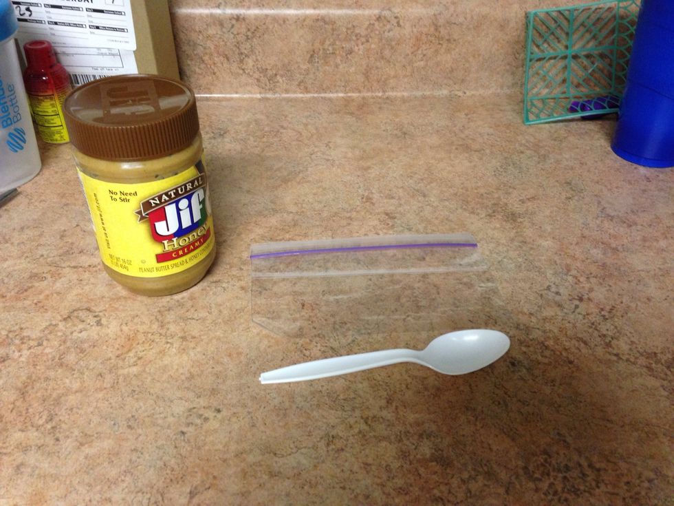 Get your peanut butter ( any kind) , a plastic bag, and a spoon.