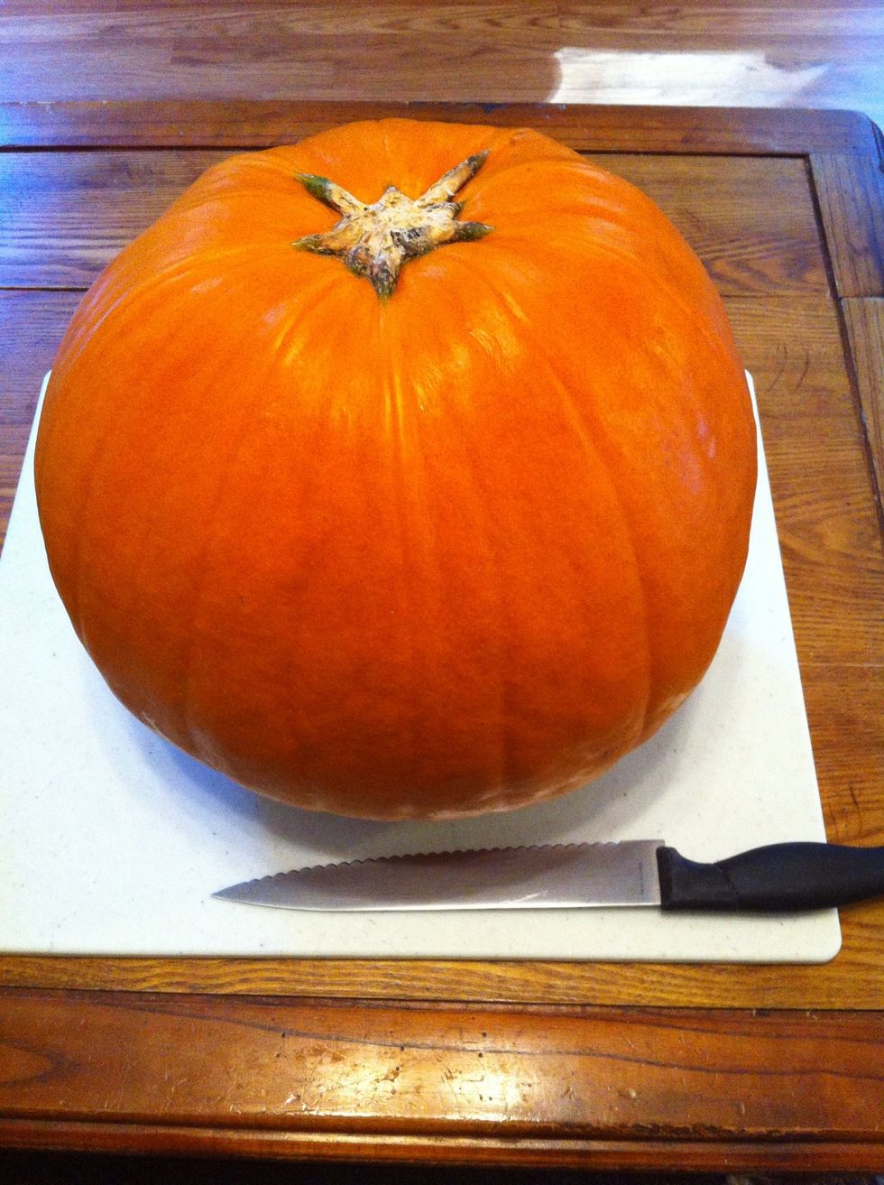 Get your pumpkin ready. Doesn't matter if it had a face for Halloween or not, we're about to chop this guy up.