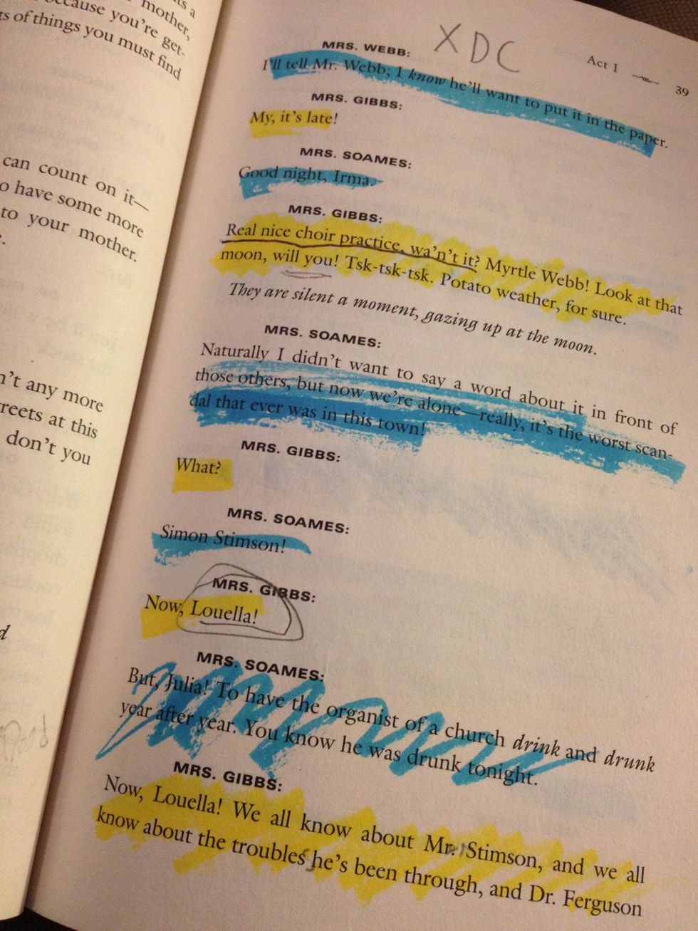 Get your script color your characters lines one color and the lines before your lines another color.
