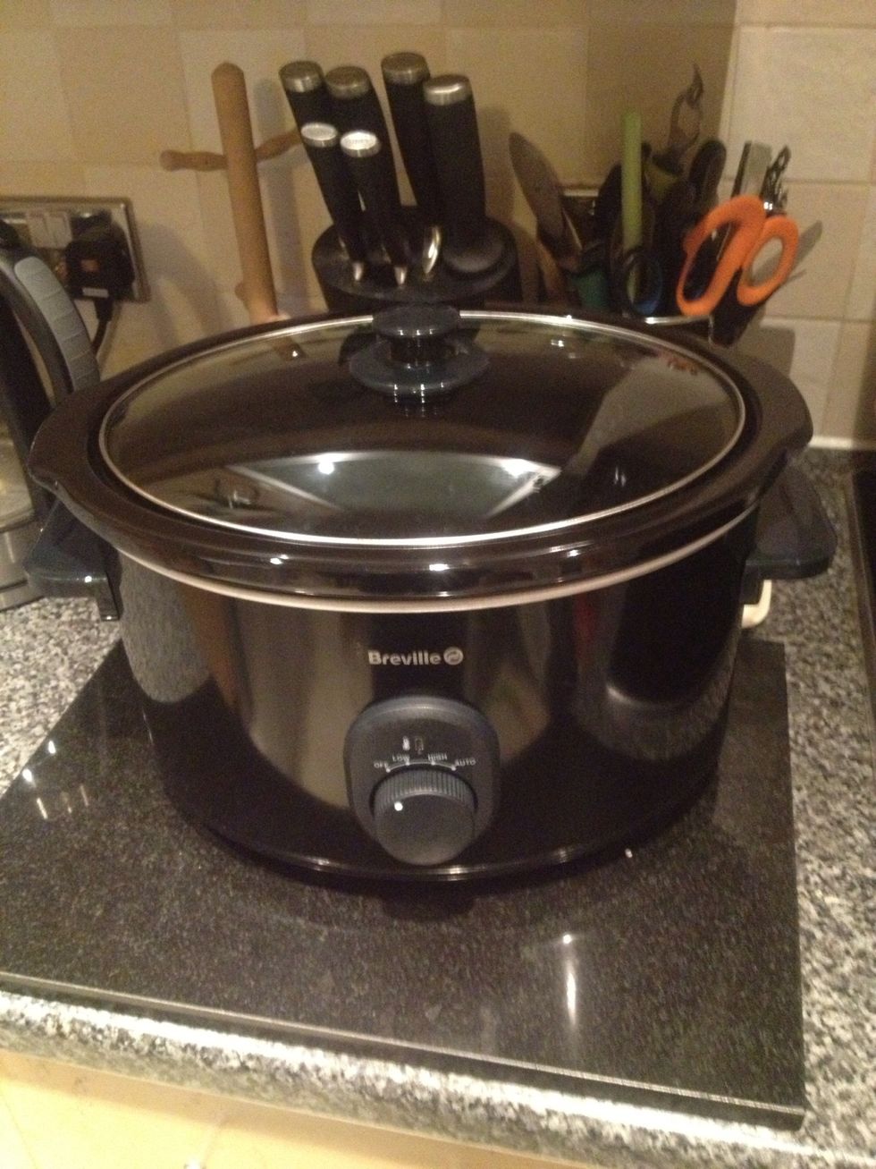 Get your slow cooker out and ready to go. Put it out of the reach of kiddies as the outside of the cooker does get hot.