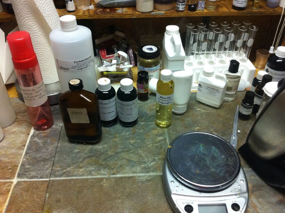 Get your supplies ready, including your Pyrex jug and scale. Weigh out 30 grams beeswax, 30 grams butter of choice, and 37 grams oils. You will add the fragrance after the oils have heated.