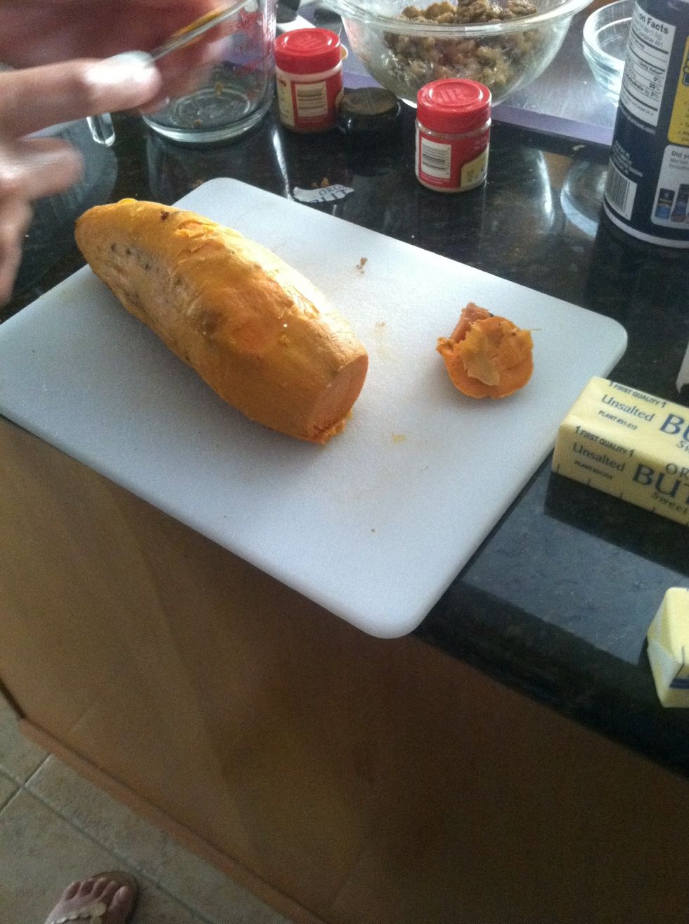 Get your sweet potatoes and cut the ends off and all the bad stuff.