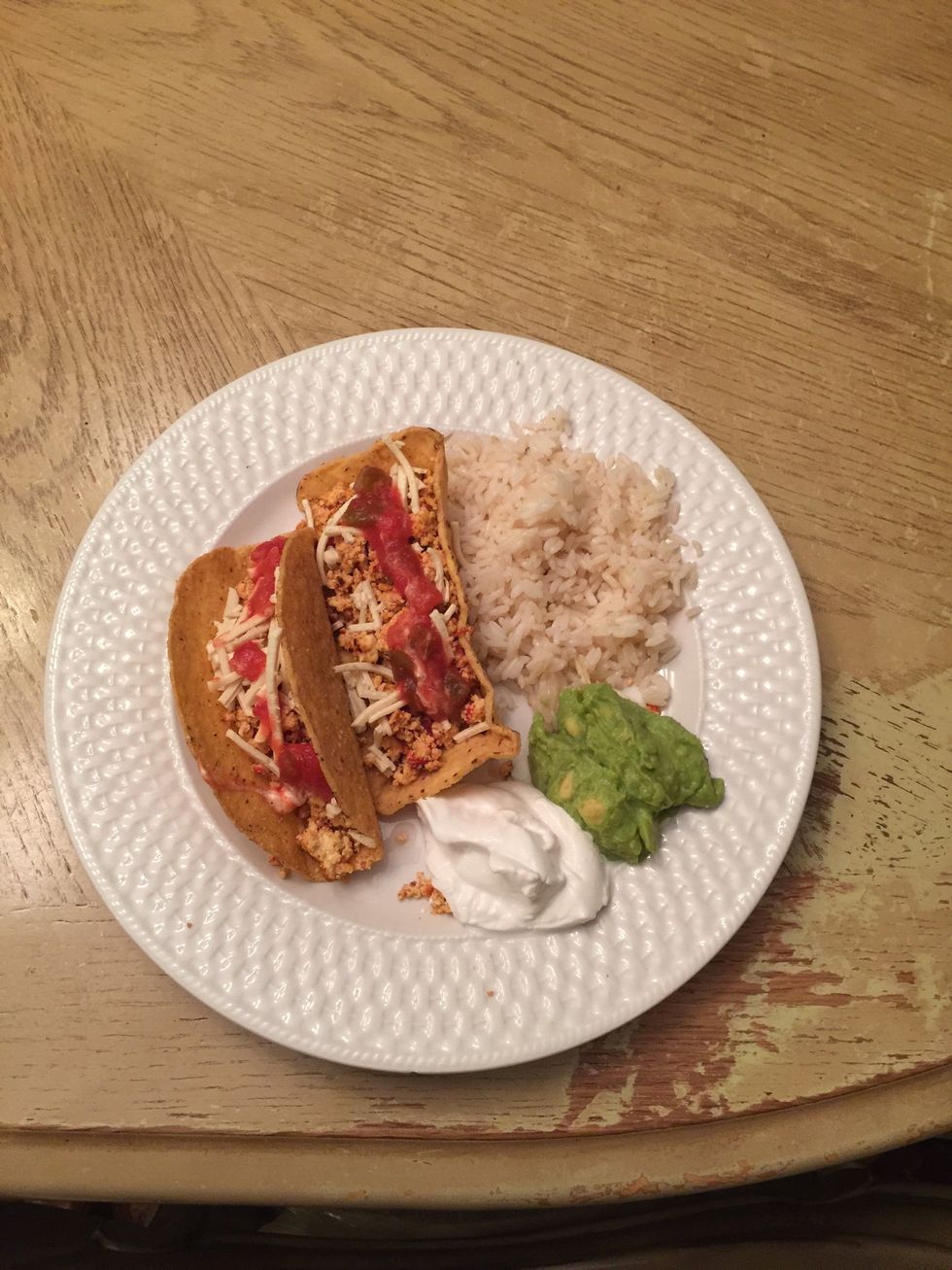 Get your taco shells, guacamole, sour cream, rice and salsa!