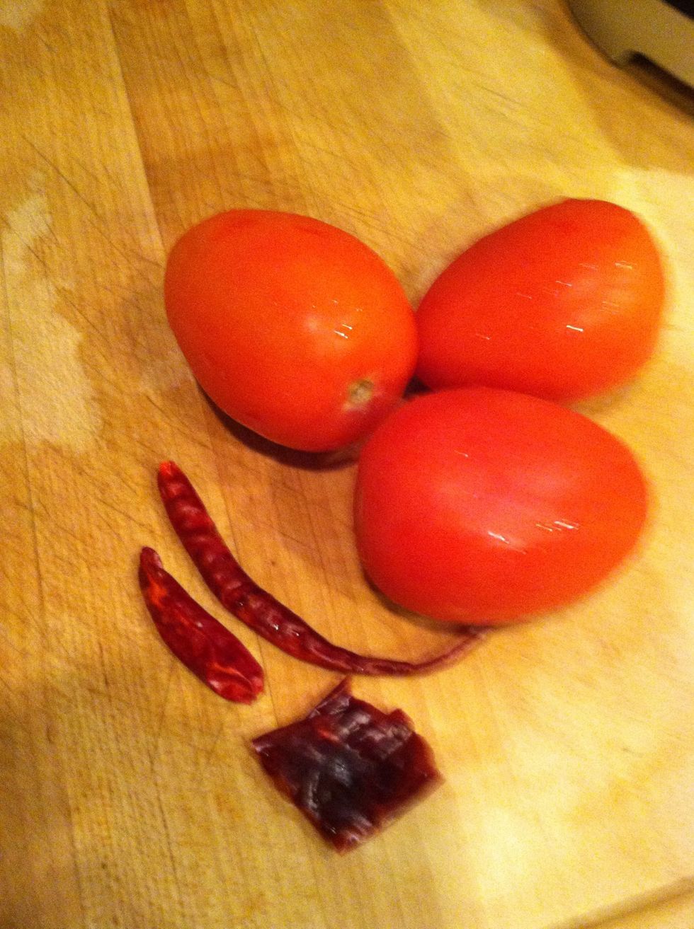 Get your tomatoes, chile de Arbol, California/new Mexico chile. Only do this step if u r using my tomato sauce. U can use any sauce to top if off, or eat as is without sauce.