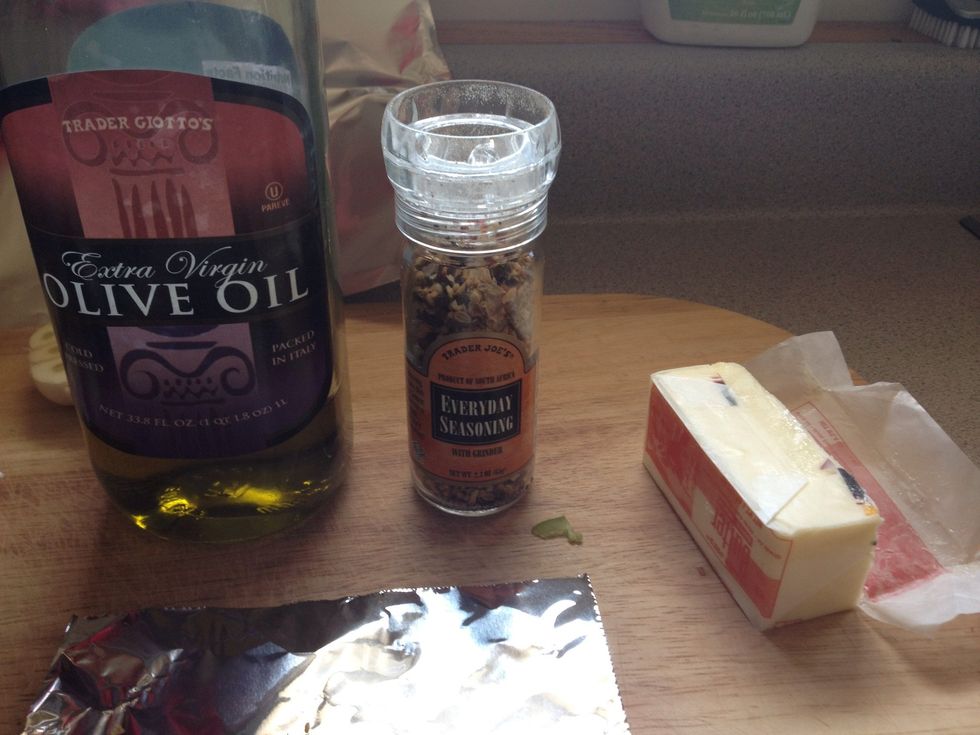 Get your toppings; olive oil, butter and some seasonings. I used 'everything seasoning' from TJs and rosemary or it could be as simple in salt and pepper