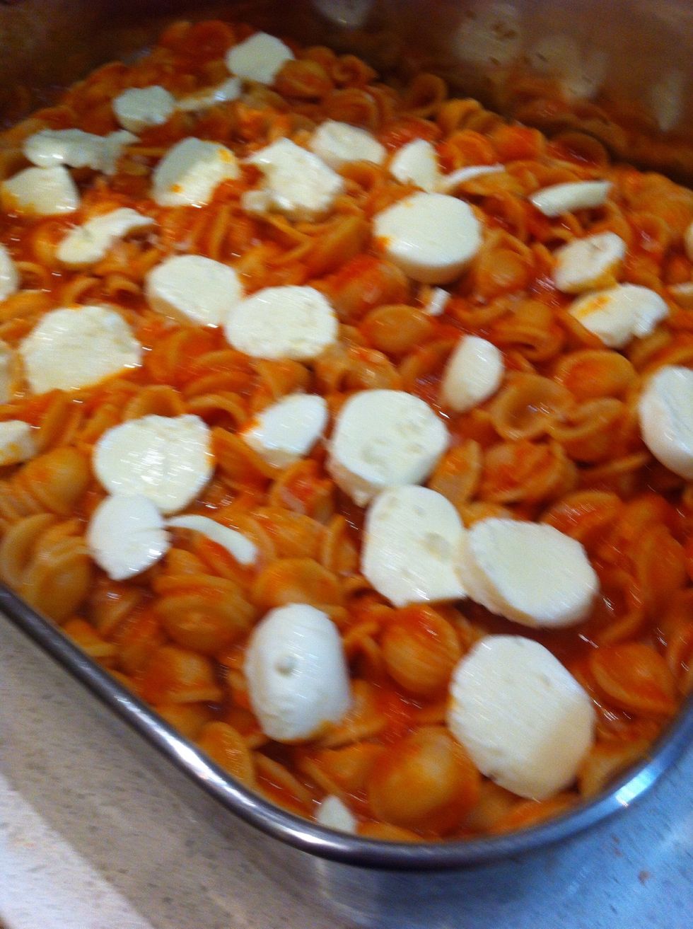 Get yourself a large baking dish and rub with oil, then layer 1/3 of the pasta in the dish, followed by 1/3 of the remaining sauce, a handful of Parmesan and a 1/3 of the bocconcini.