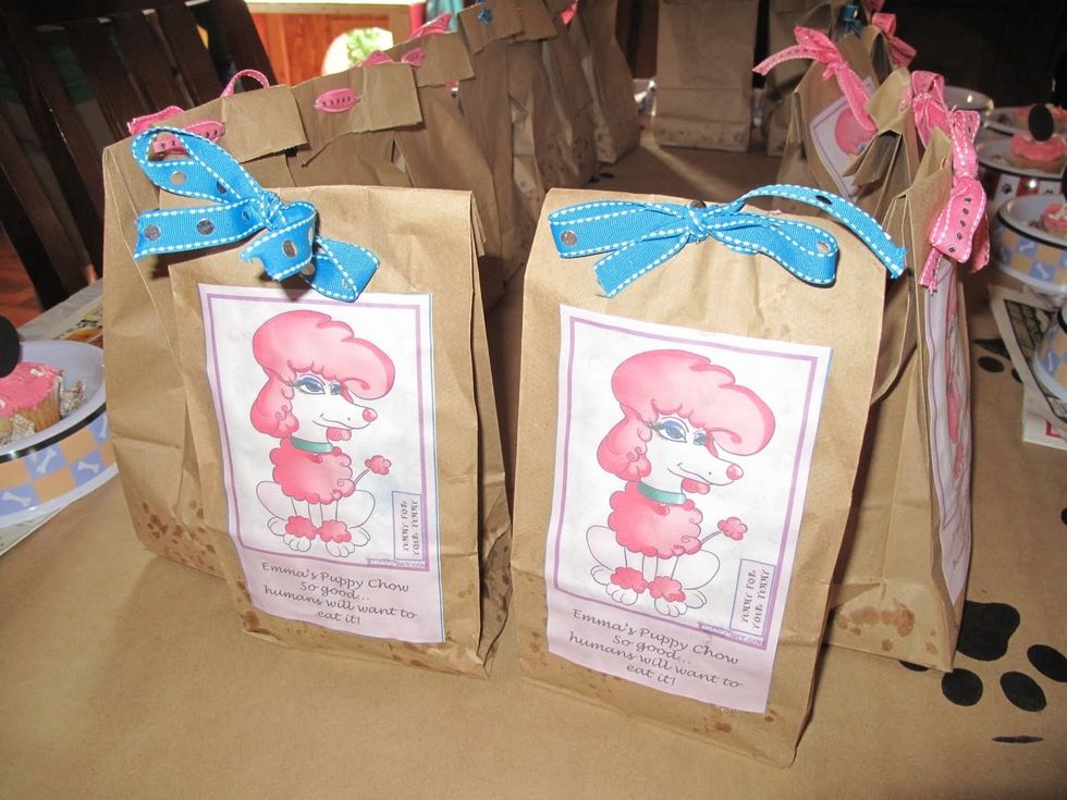 Gift bags- brown lunch bags and the picture was my attempt to make it look like a dog food bag. I filled the bags with puppy chow mix. I used a hole punch for the ribbon. So cute!