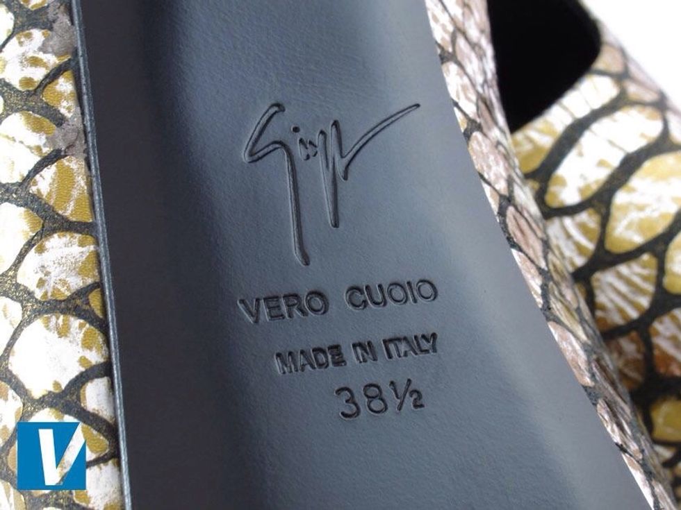 Giuseppe Zanotti shoe outsoles usually feature the brand signature logo. Below which you usually can find 'VERO CUCIO' meaning 'Real Leather' and a size.