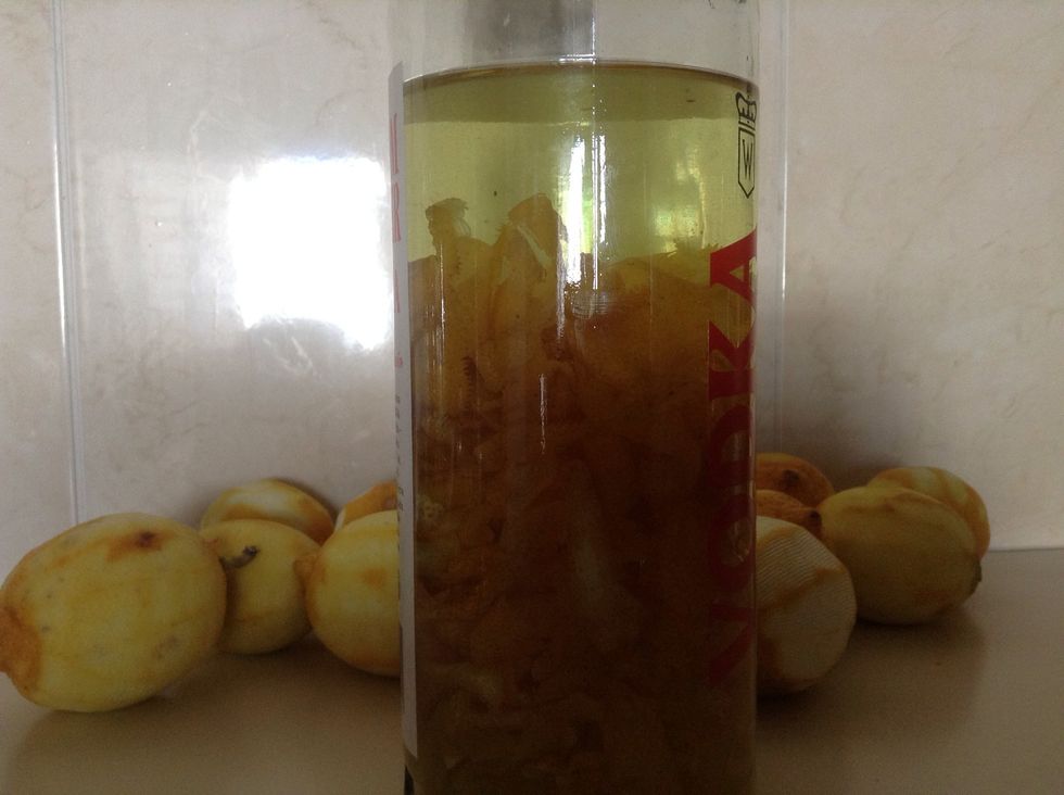 Give a little shake, and the vodka too, the oils are already infusing here literally less than a minute after i put in the zest, and the colour is brighter than the picture!