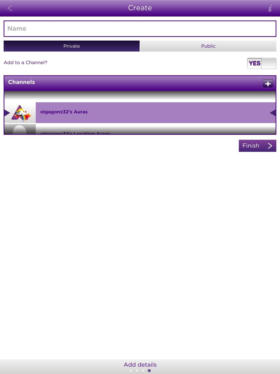 Give it a name. Then choose a private or public. Tap on FINISH.