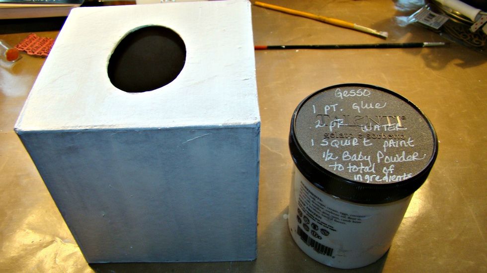 Give it a nice coat of gesso to prime the surface. I used my homemade gesso which you can see the recipe on the lid of the jar.