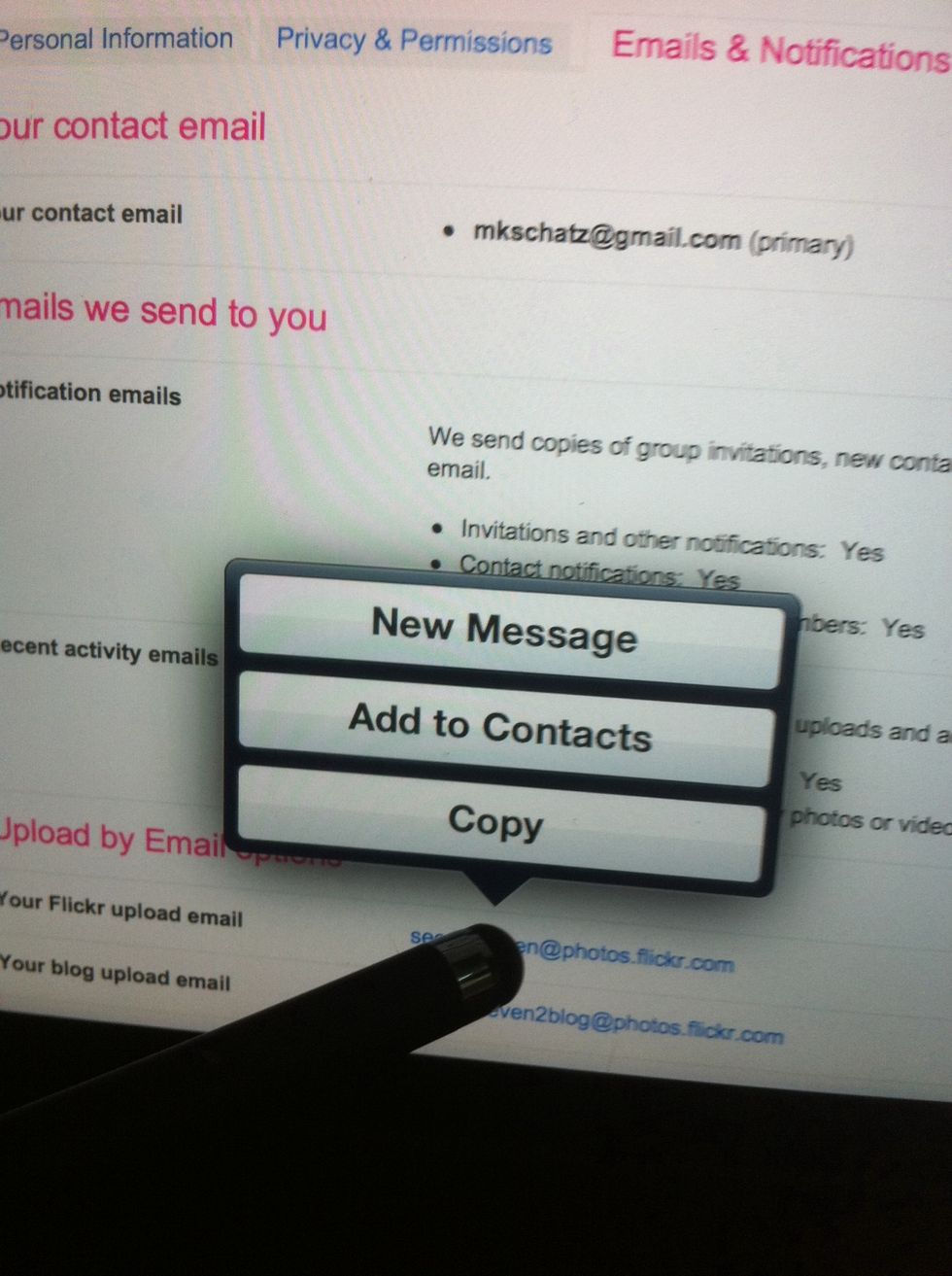 Give it a sec' to generate an address and then right click or tap-and-hold to bring up your contacts menu.