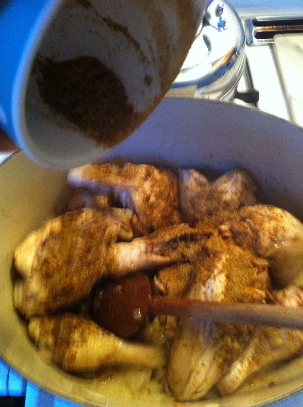 give the chicken a few minutes to get some brown spots. then throw your spices onto them.