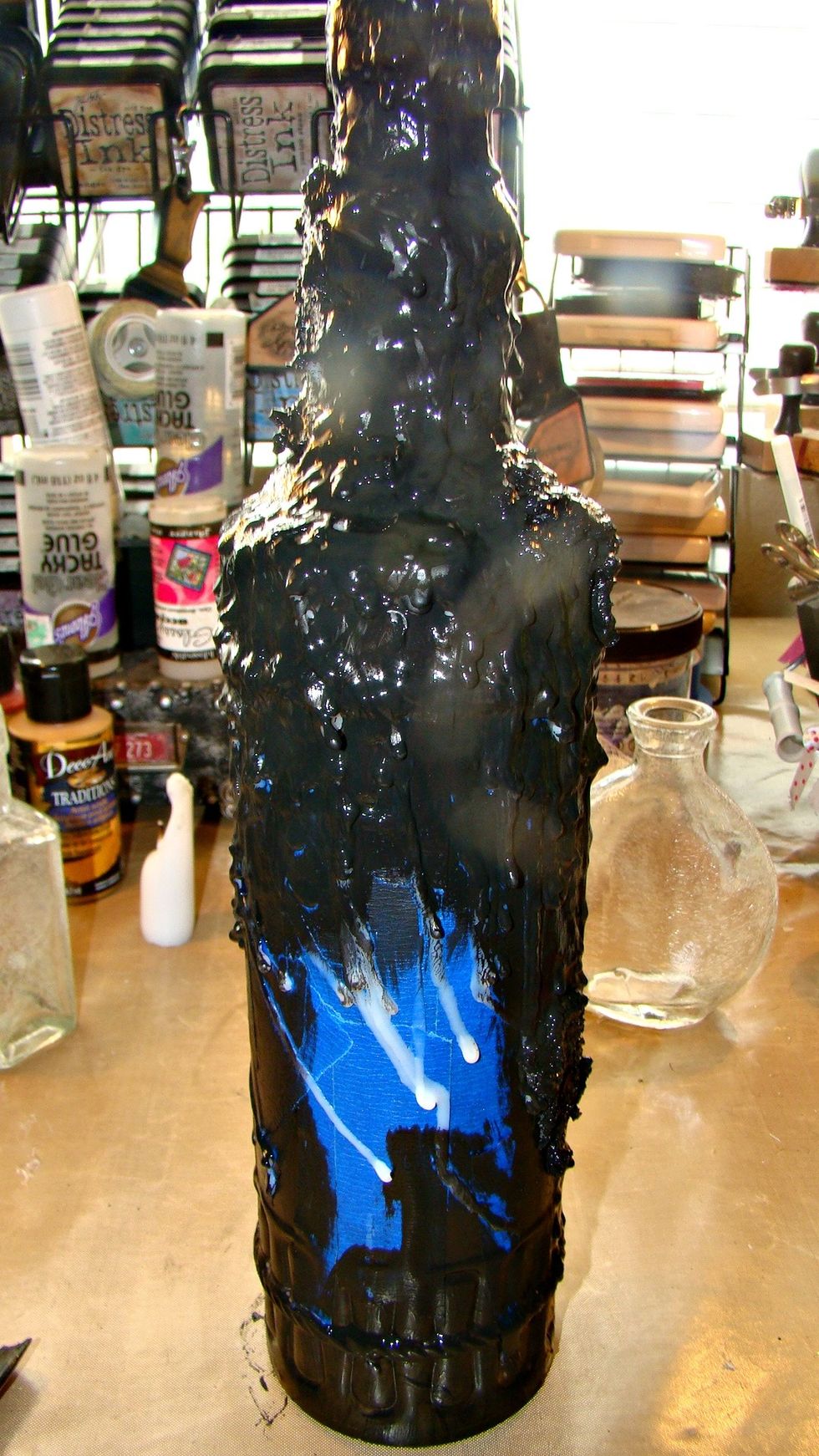 Give your bottle a nice coat of black gesso to prime the surface, then using AA's Velvet in Tuxedo, give a coat to the top of the gesso. Allow to dry.