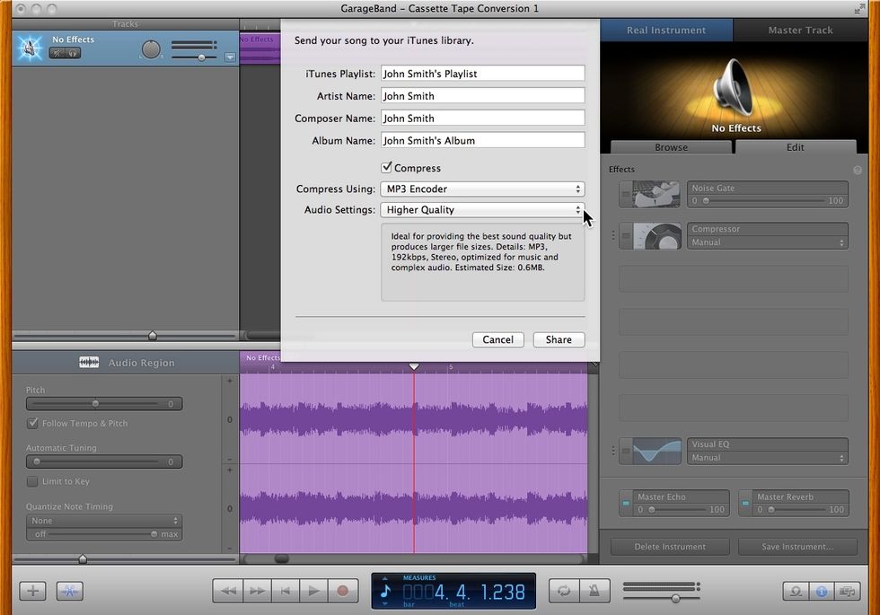 Give your newly converted song a name and artist. If you want high quality files, compress using the AAC encoder. If you're looking for average quality files, compress using the MP3 encoder.