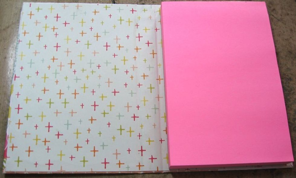 Glue a 4" x 6" memo pad on the right hand side, being sure to leave a gap between the left edge and the spine. Keep things centered & straight. Close notebook to reinforce folds along spine.