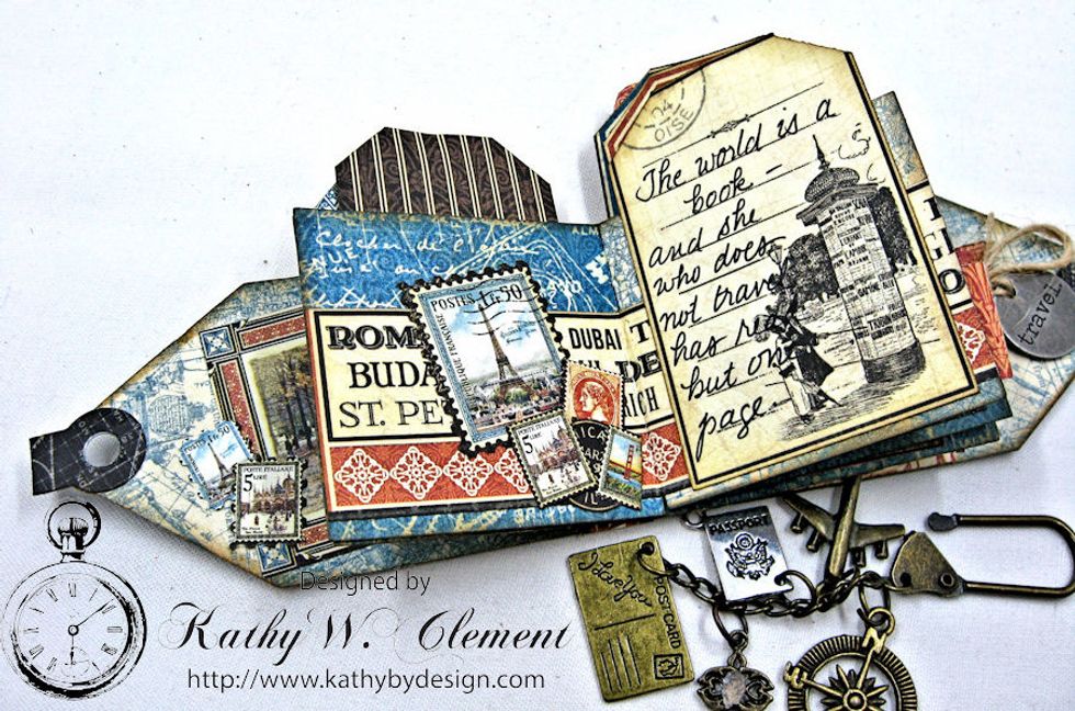 Glue a border piece all the way across these two pages. Add postage stamps and write travel quotes on a blank tag.