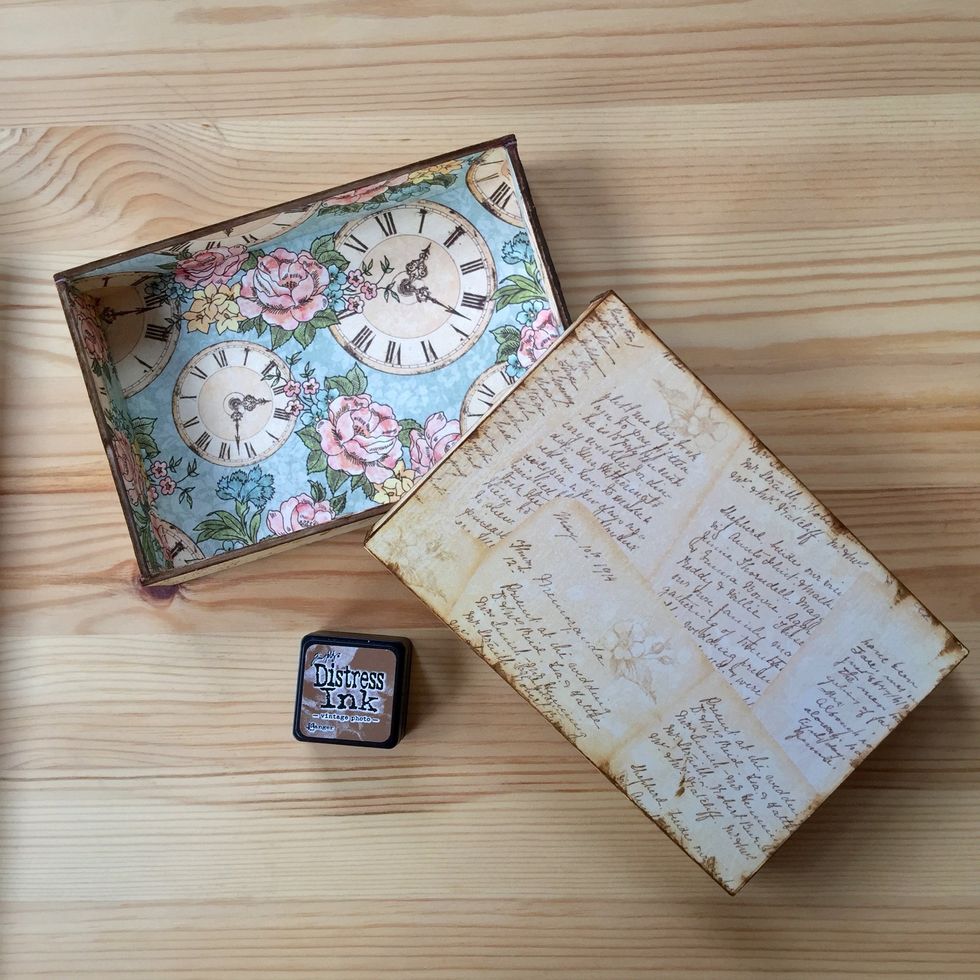 Glue all pieces to form two equal parts of the box and ink edges and corners.