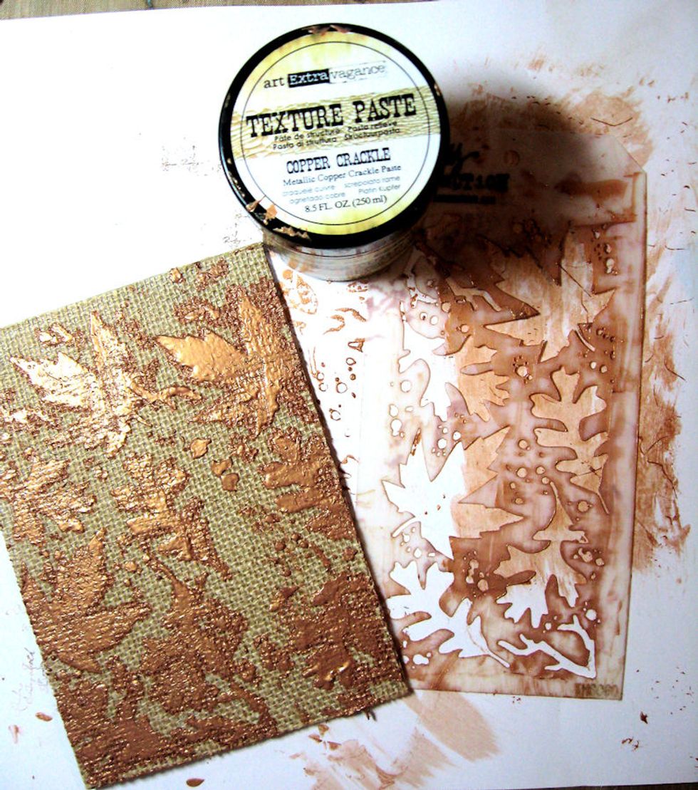 Glue burlap onto the back piece of the shadowbox. Burnish with bone folder. Add Autumn stencil using Copper Crackle Texture paste. Set aside to dry.
