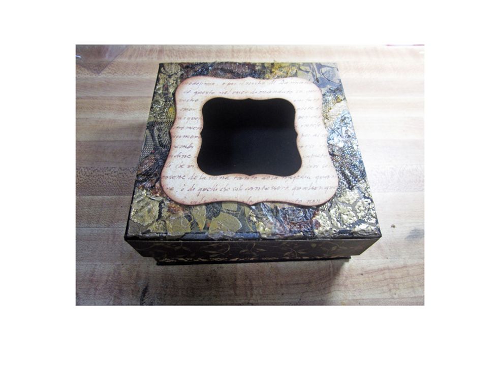 Glue down the frame to the open center of your box.