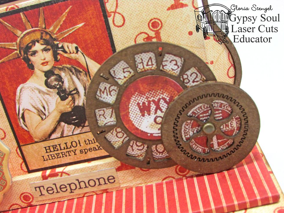 Glue G45 images behind the chipboard to mimic the look of an old-fashioned telephone dial.