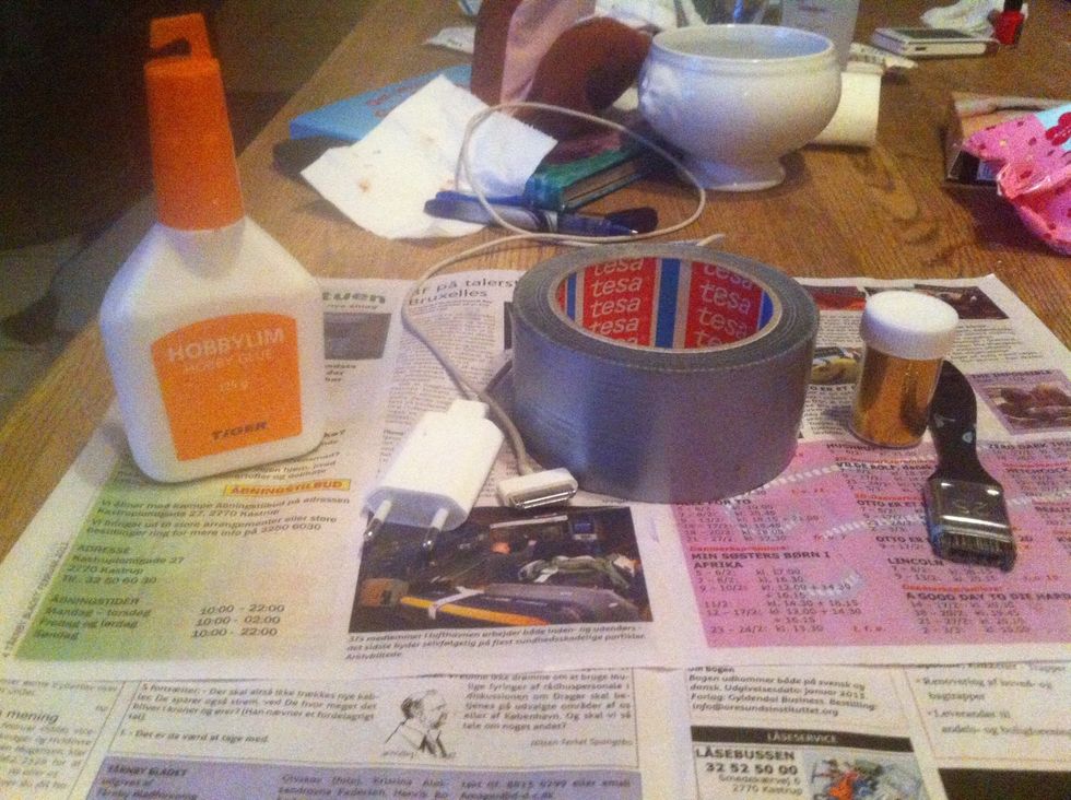 Glue, iphone charger, glitter, brush, paper & tape (i use duck tape)