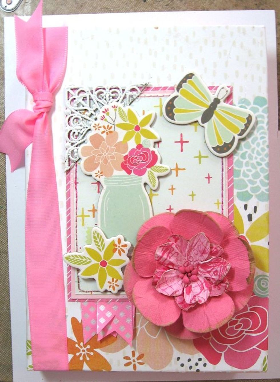 Glue metal corner and Petaloo flower as shown. (Don't do what I did...add the metal corner before you glue down the vase. It's easier!)